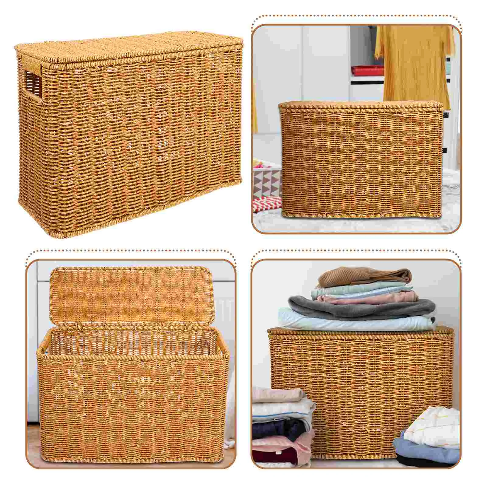 

Rattan Narrow and Tall Storage Box with Lid Baskets Brochure Display Stand Plastic Woven Laundry