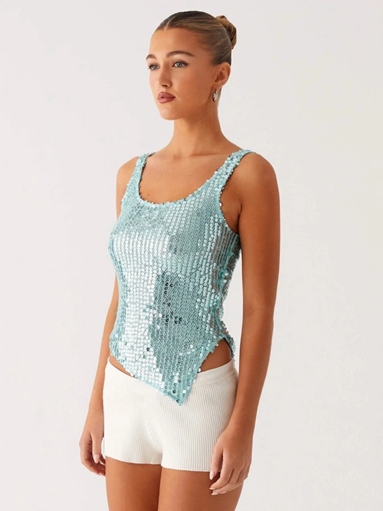 Sequined Tank Top Solid Crop Top Women Edgy Clothes Y2k Accessories Camison Verano Cute Tops Korean Fashion Clothing Ropa Mujer