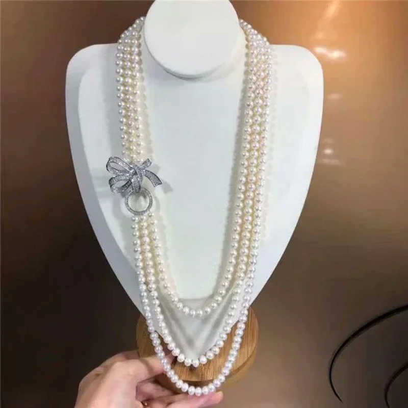 Geometric circle bow knot zircon buckle three-layer pearl necklace for women long pearl necklace for party gifts