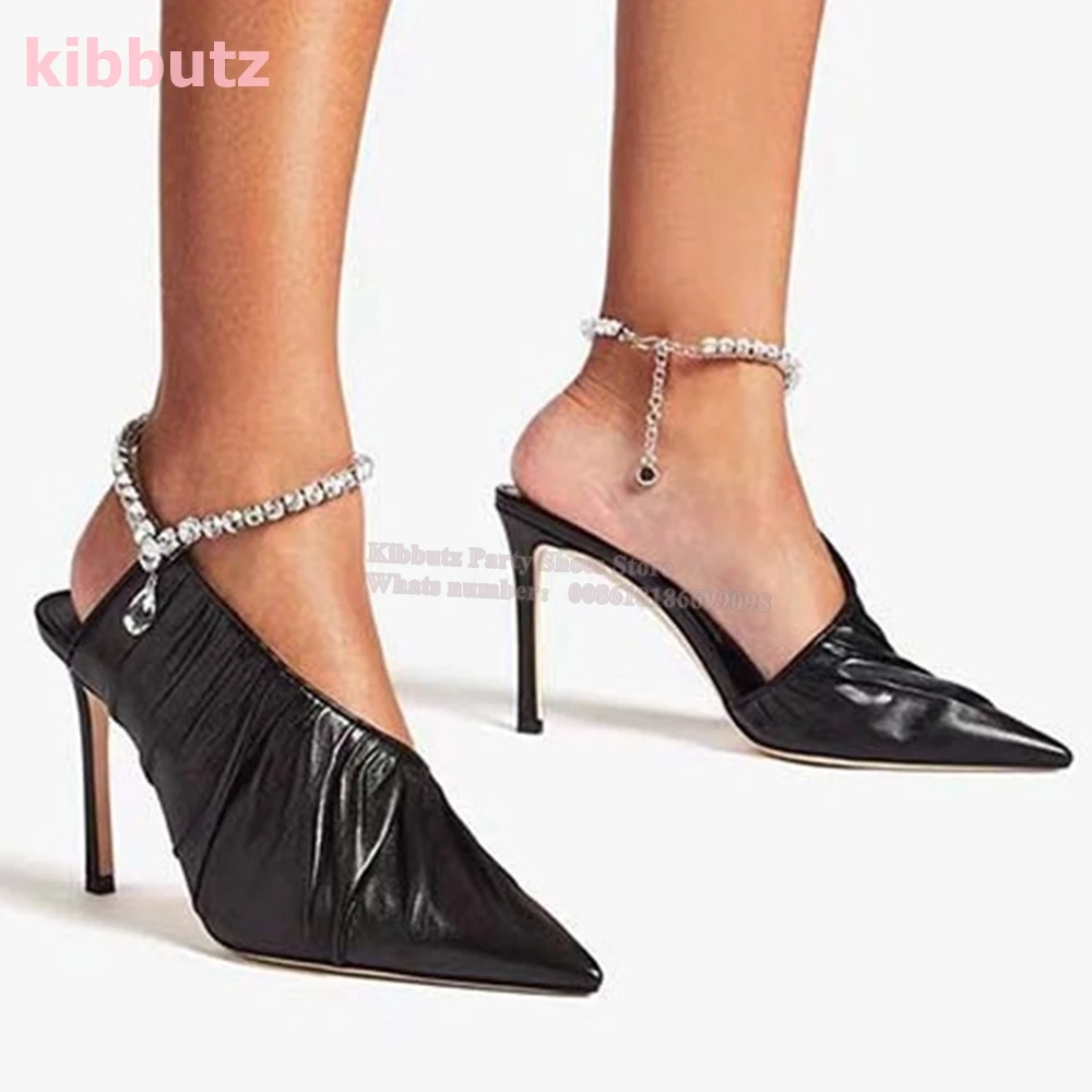 Crystal Ankle Chain Pumps Glossy Pleated Genuine Leather Pointed Toe Thin Heels Solid Color Fashion Elegant Sexy Women Shoes New