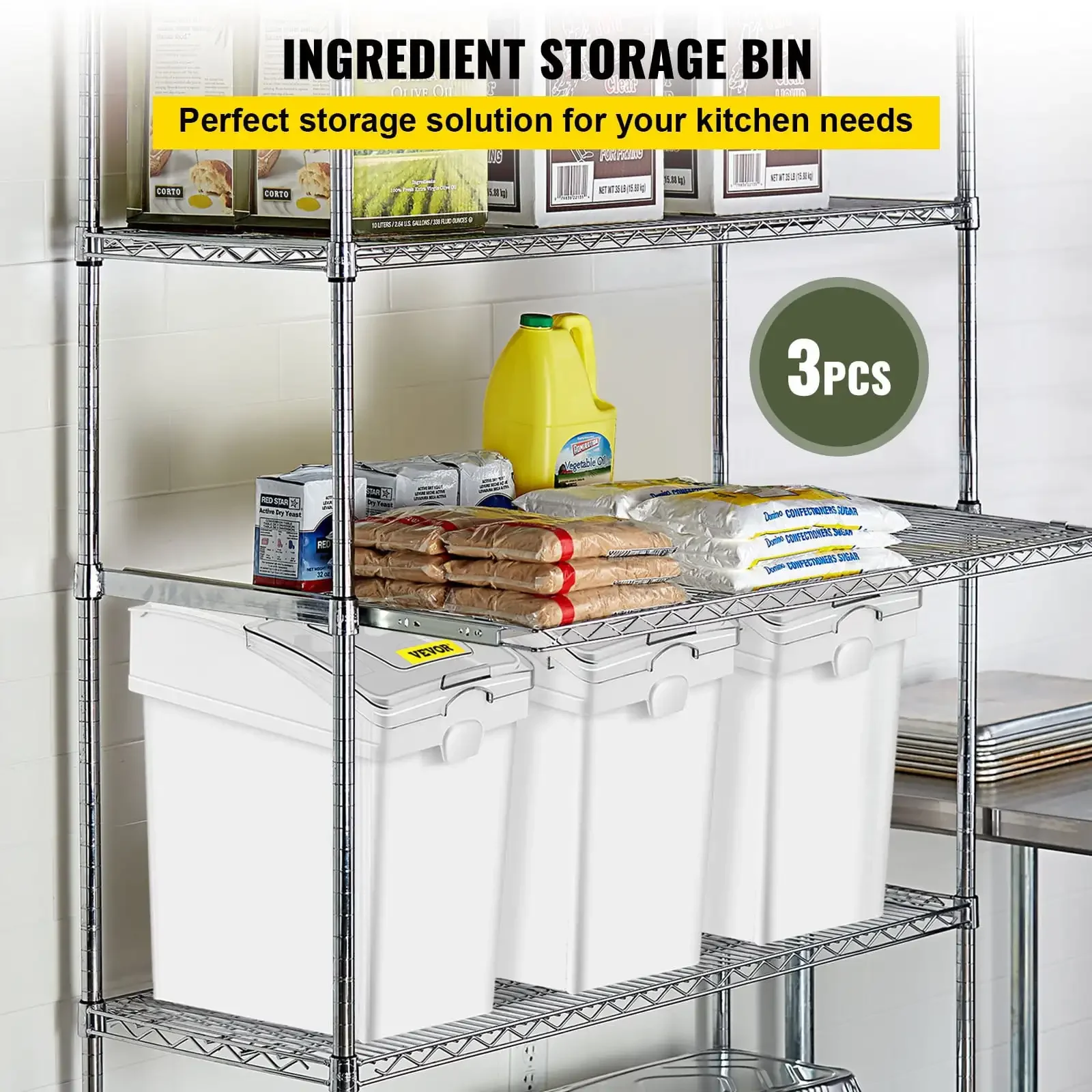 Ingredient Bin, 6.6 Gallons Capacity Ingredient Storage Bin, 3 Pcs/Set, PP Material Flour Bins On Wheels