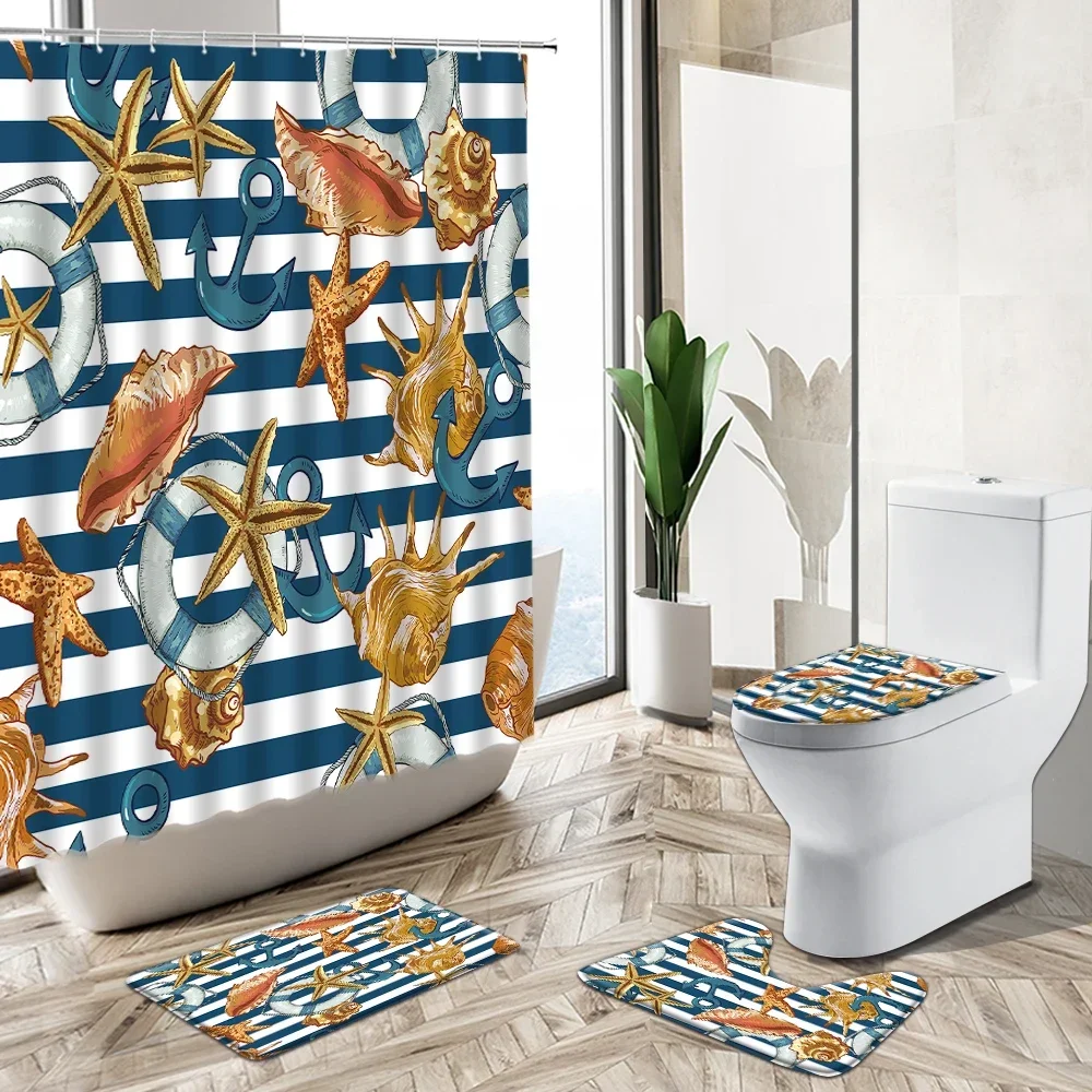 Navigation Anchor Shower Curtain Striped Starfish Conch Creative Non-Slip Pedestal Rug Toilet Cover Boy Child Bathroom Deco Set