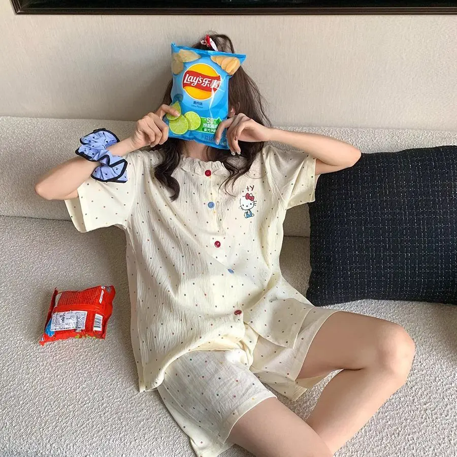 

Sanrio Hello Kitty Pyjama Set Woman Night Clothes Shorts Short Sleeve Sleepwear Kawaii Cartoon Pajamas Summer Home Clothes New