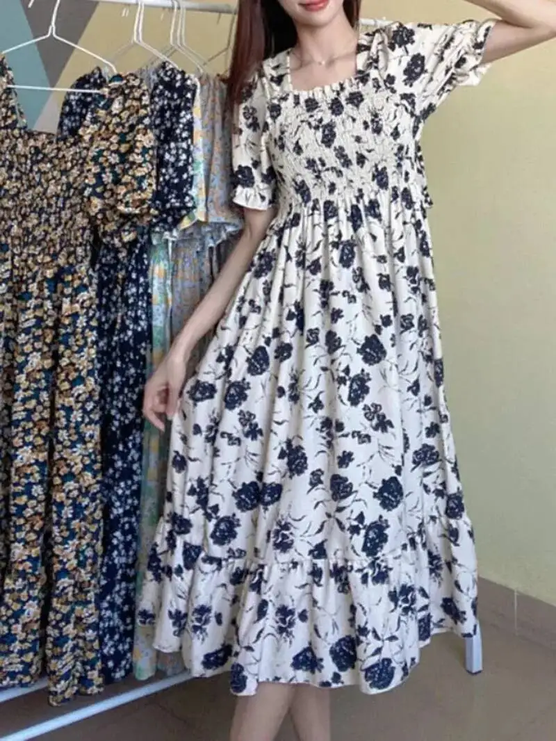 ฤดูใบไม้ผลิฤดูร้อนเอวยืดชีฟองชุดผู้หญิงชุดลำลองแฟชั่นหญิงชุดเดรสแขนสั้นจีบเอ-ไลน์เดรส 47UW