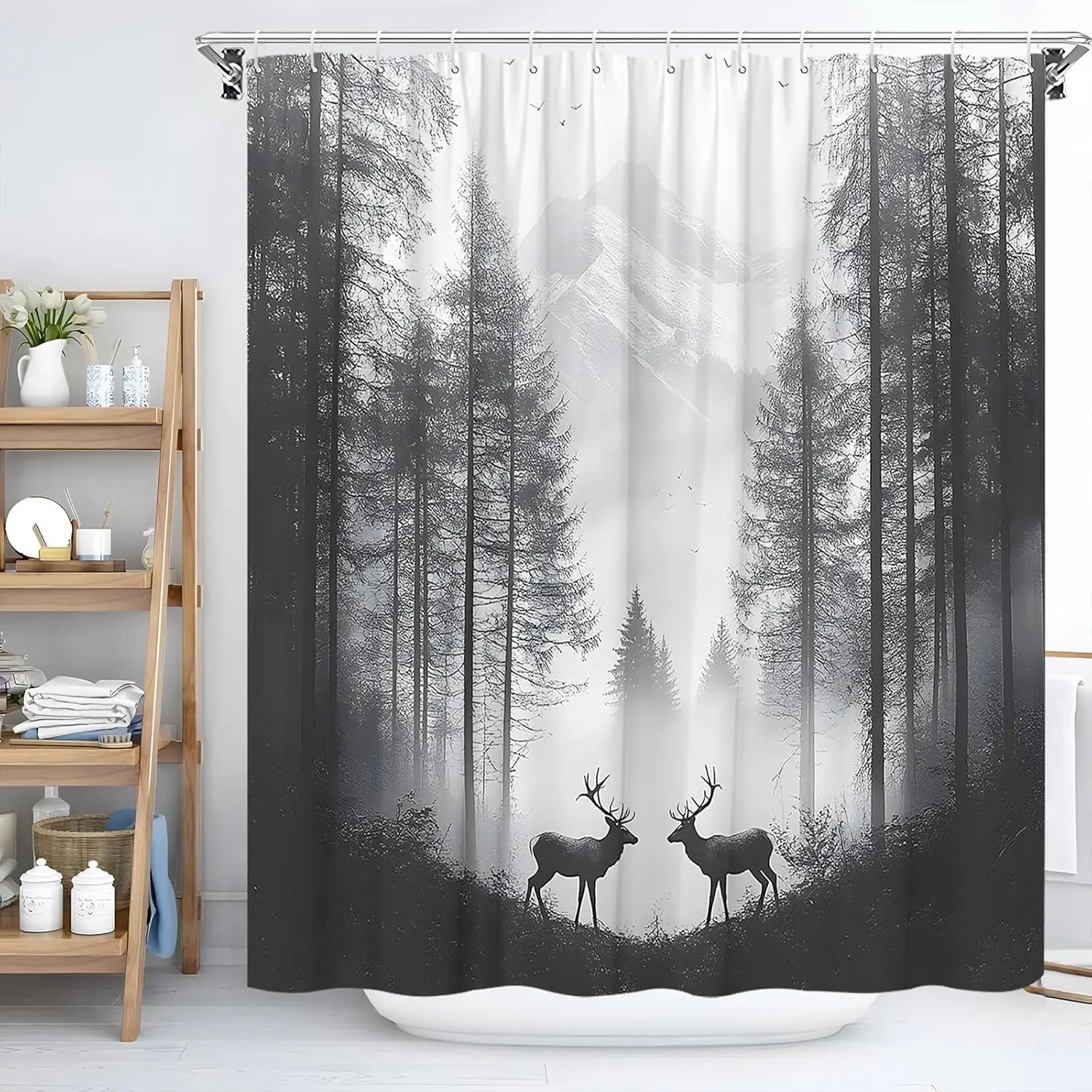 Forest Deer Shower Curtain Grey Foggy Montains Pine Tree Wildlife Elk Moose Hunting Outdoor Rustic Cabin Lodge Nature Landscape