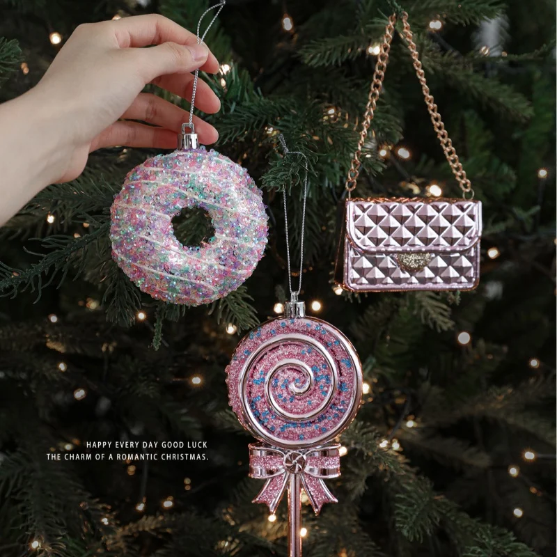 

Cartoon Christmas Ice Cream Pendant Plastic Shatterproof DIY Lollipop Pony Ornaments Shiny Pink 3D Xmas Snowflake Pendant