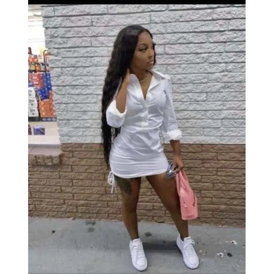 

Women's Lace-Up Dstring Deep-V Ne irt Dr Sexy Polyester Long Sve V-Ne Midi Dr Irregular Hemline Busin Ca...