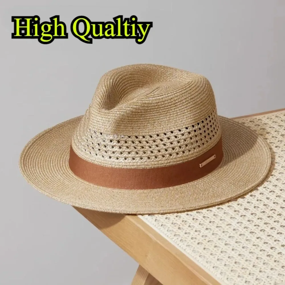 

UPF 50+ Panama Jazz Straw Hat - Wide Brim Sun Hat forMen & Women, Breathable Hollow Weave Beach Hat withAdjustable Chin Strap, V