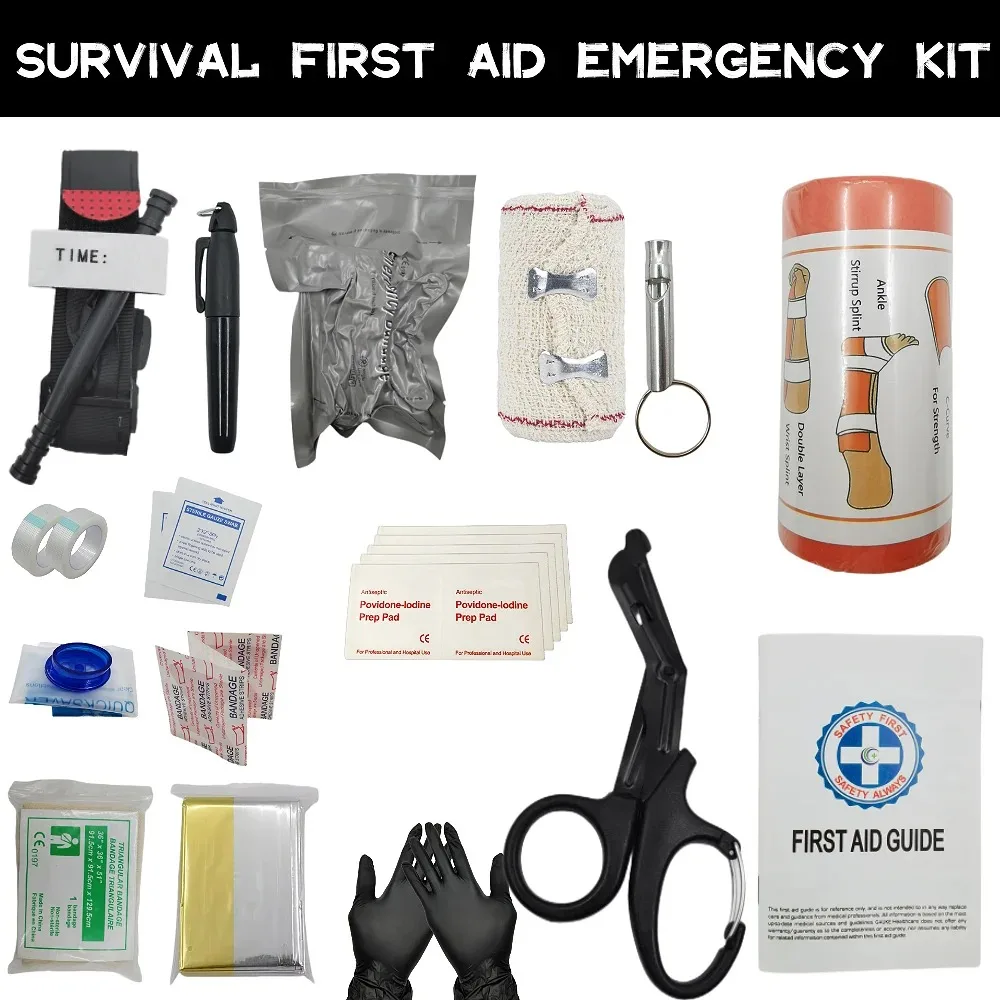 Camping Outdoor Survival Equipment Molle Bag 16pcs Emergency IFAK First Aid Kit Tourniquet Bandage Survival blanket Supplies