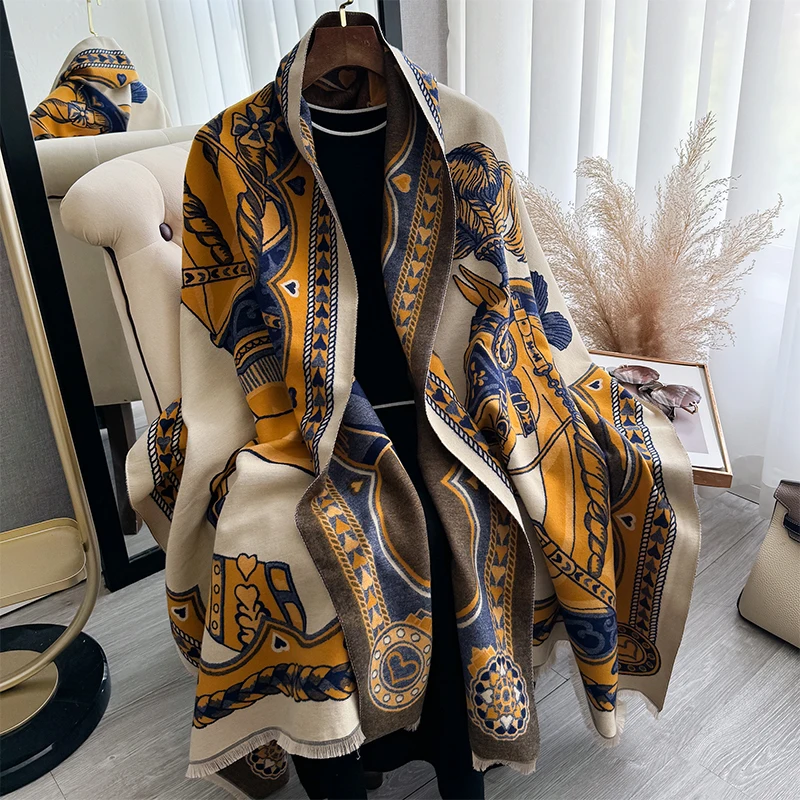 Luxury Warm Poncho Cashmere Winter Women Scarf Horse Print Shawl Wraps Female Thick Pashmina Blanket Bufanda Travel Echarpe 2024