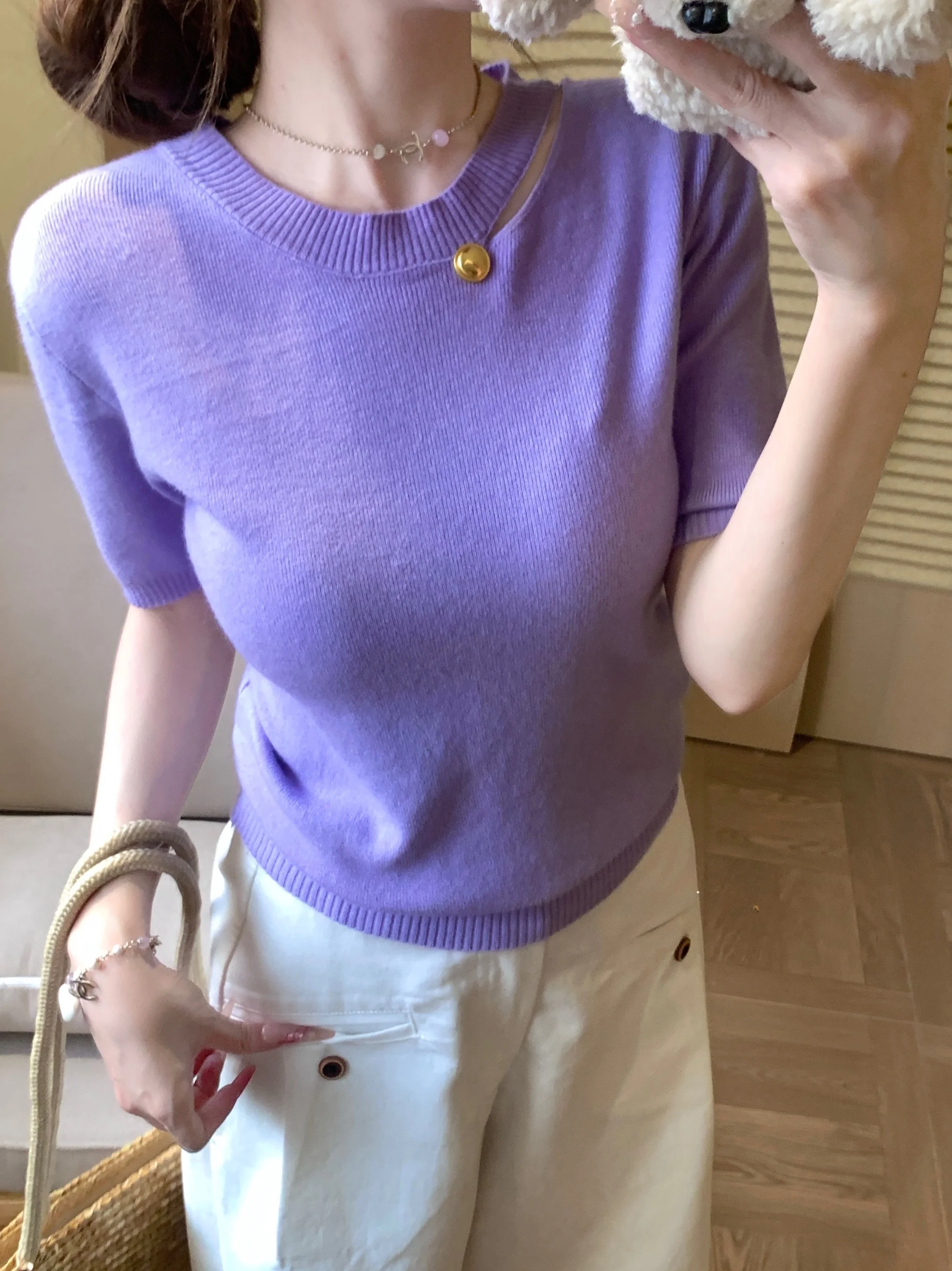 

Slimming Effect Short Sleeve Knitted Sweater Women's Fashionable Summer New Style round Neck Pullover Breathable Lightweight Top