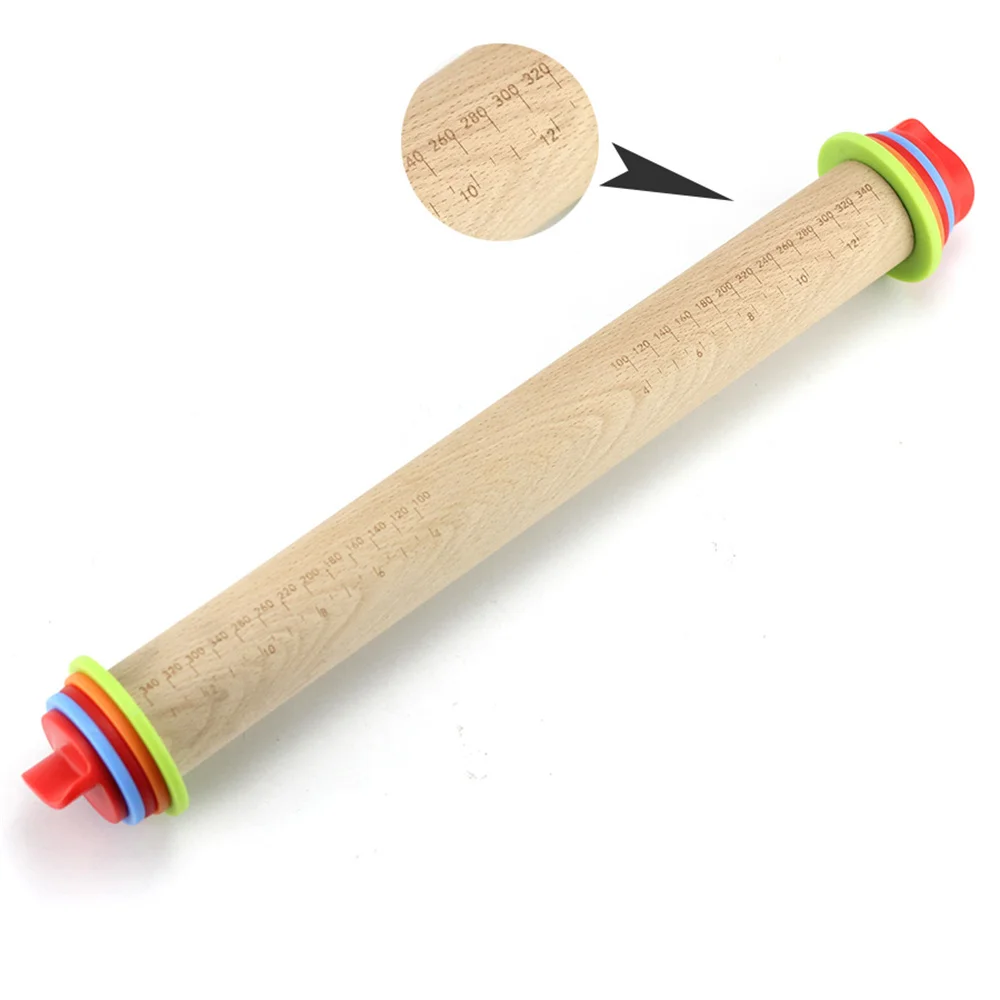Adjustable Beech Wood Rolling Pin with Scale Detachable Thickness Rings Dough Roller Baking Kneading Tool