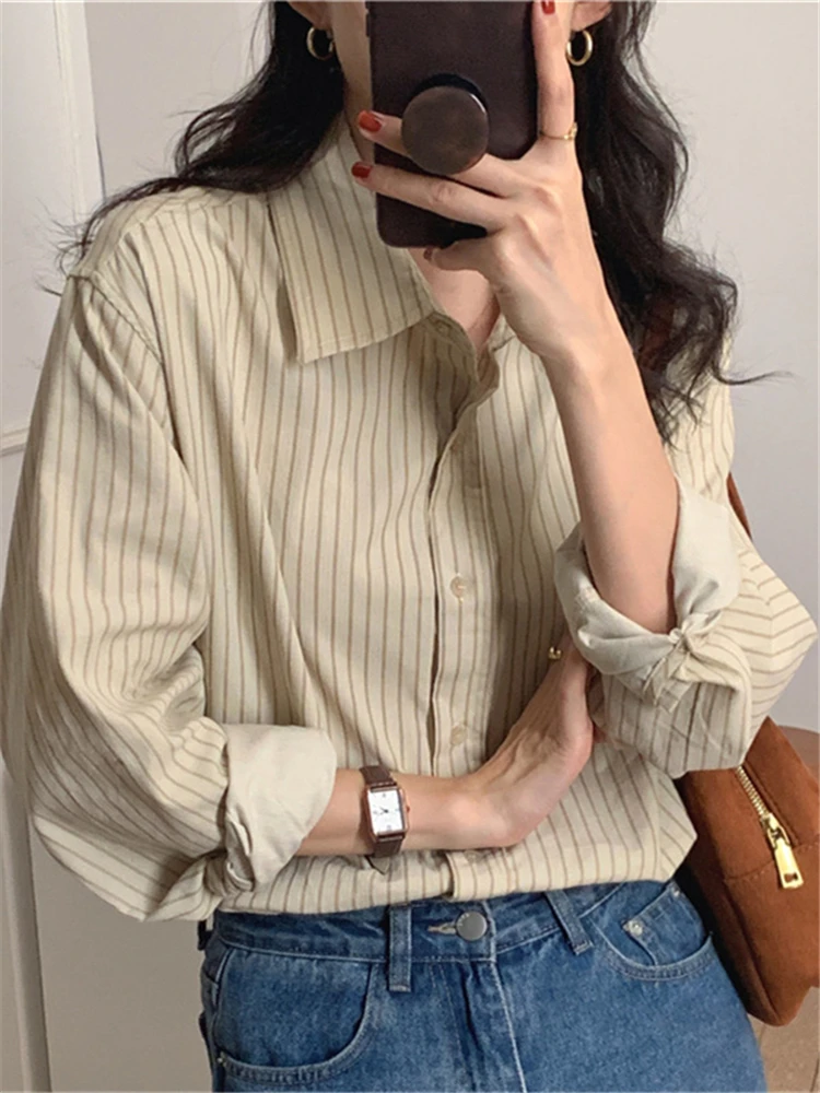 BL9352 New 2024 Fashionable Korean Striped Vintage Shirts Oversized Corduroy Spring Summer Women\'s Blouses Elegant Lady Tops