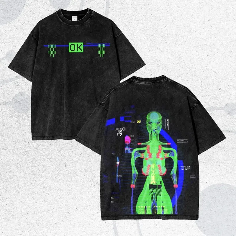 Vintage Washed Marathon Game T-Shirt, doppelseitiges Cyberpunk Bio-Scan-Shirt, Sommer-T-Shirt für Herren und Damen im Washed-Look