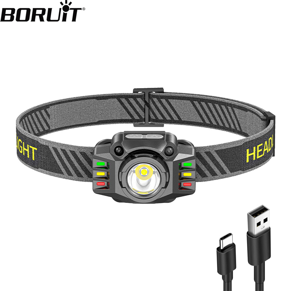 BORUiT Newest Motion Sensor LED Headlamp Type-c Rechargeable Built-in Battery Headlight Waterproof Head Torch Fishing Lantern