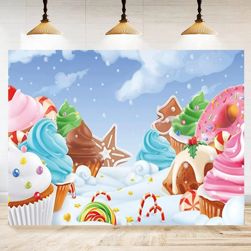 写真撮影の背景アイスクリームケーキドーナツキャンディロリポップ甘いデザート漫画降雪キャンディランド背景装飾バナー