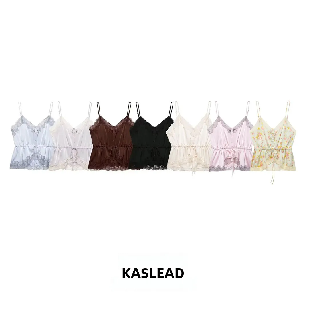 KASLEAD New Women's Fashion Lace Decoration Silk Satin Feeling Top V-neck Plant Floral Single Button Inner Wear Polyester Fiber