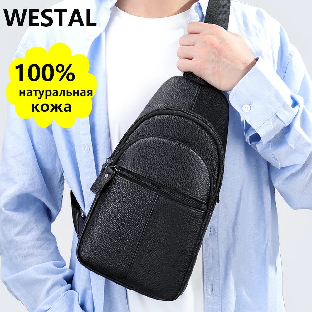 WESTAL-Bolso de pecho de cuero para hombre, Mochila pequeña de carga, bolso de hombro para teléfono, paquete de pecho deportivo para exteriores,