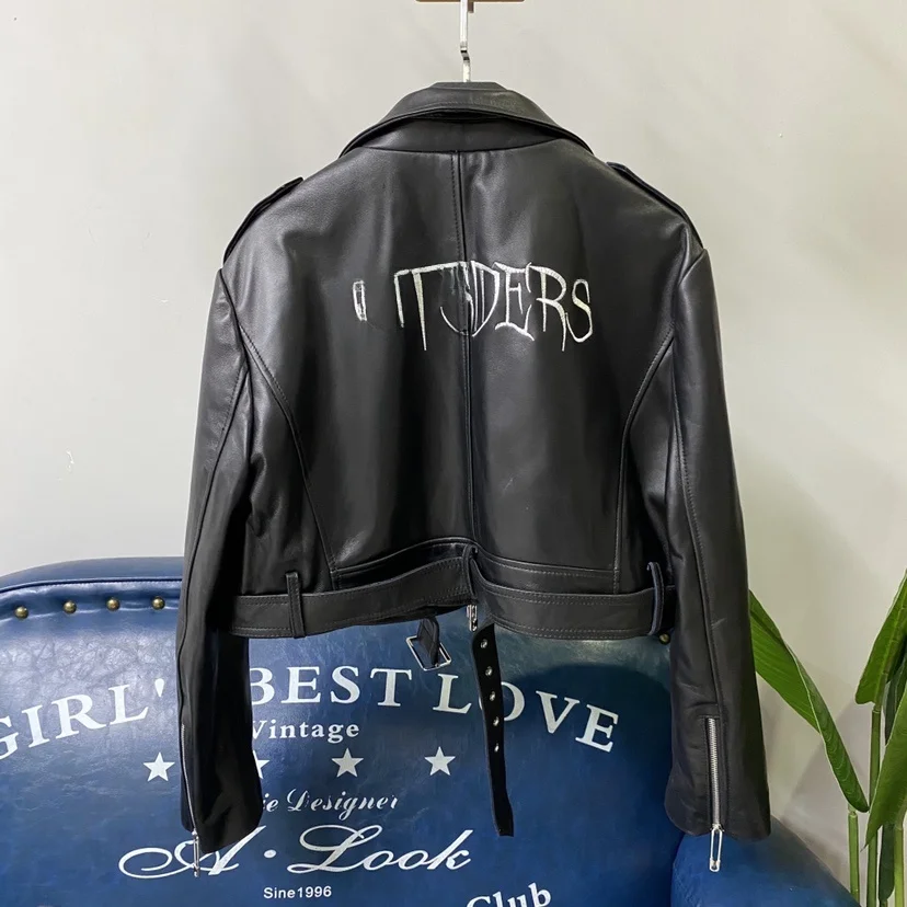 Lente nieuwe Sle Ultra-ort briefborduurwerk eapenvacht motorfiets Jaet Faionable damesjas ort lengte ritssluiting