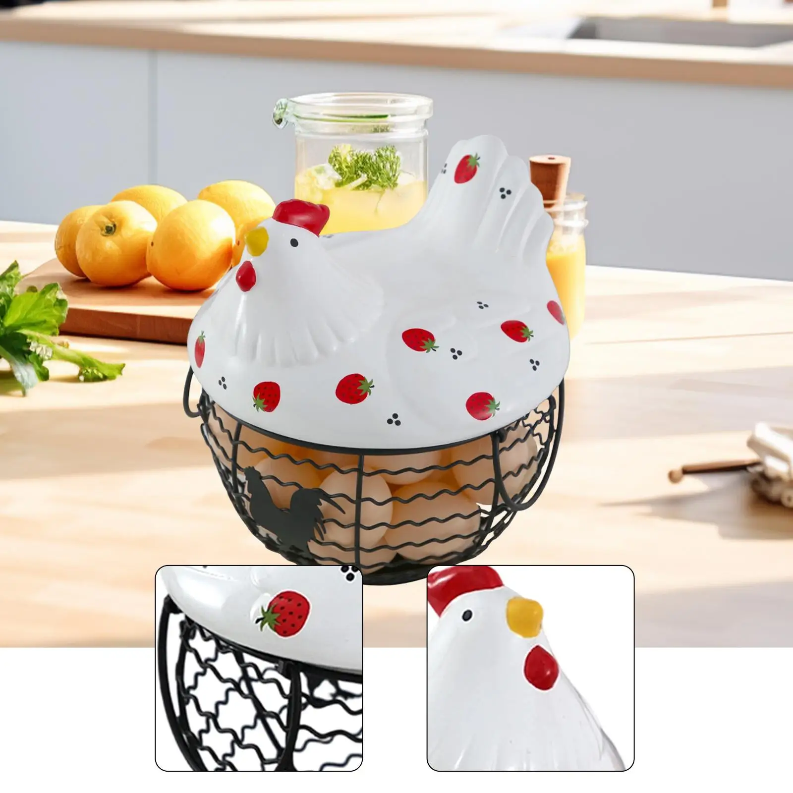 Creative Hen Shaped Egg Basket Cute Ceramic Iron Basket for Kitchen Eggs Vegetable Fruit Storage Holder for Home Gathering