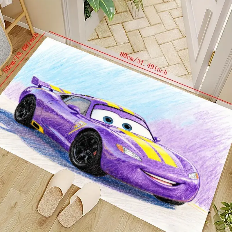 

1 шт. детский коврик для гоночного автомобиля с героями мультфильмов, яркий фиолетовый дизайн спортивного автомобиля с желтыми полосками и выразительными глазами, мягкий нескользящий пол