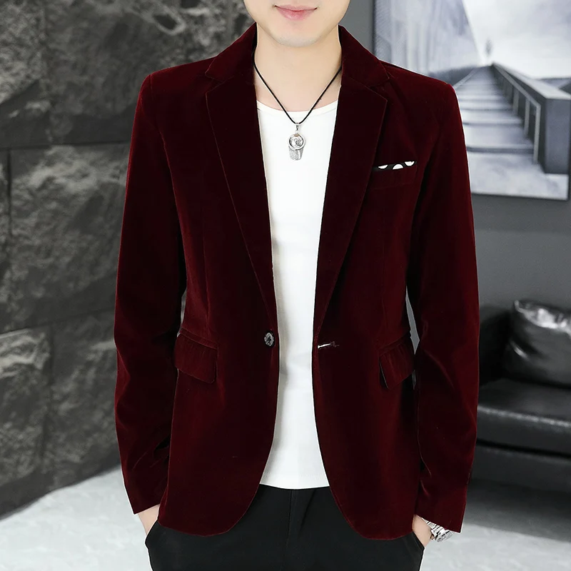 

Autumn Faion Slim Fit Men's Velvet Suit Jaet Casual Single Piece Upper Apparel Korean Sle Long Sve Busin Leisure