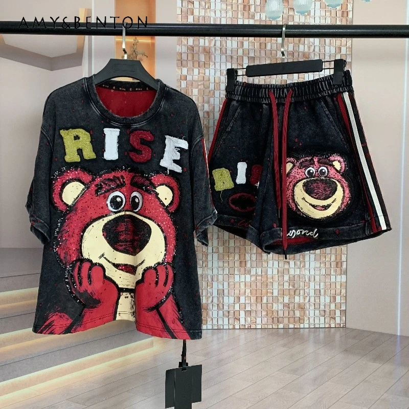 

European Style Spring Summer Fashion Sweet Top Heavy Industry Washing Cartoon Y2k Short-sleeved T-shirt Shorts Kawaii Clothes