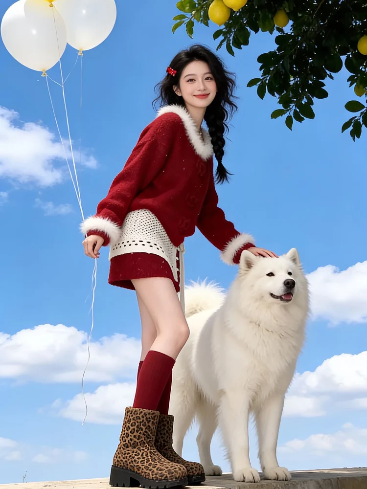 Cisas Red New Year Aosphere Knitted Sweater Tee Piece Set Women's Korean Sle New Year Robe Super ular Set