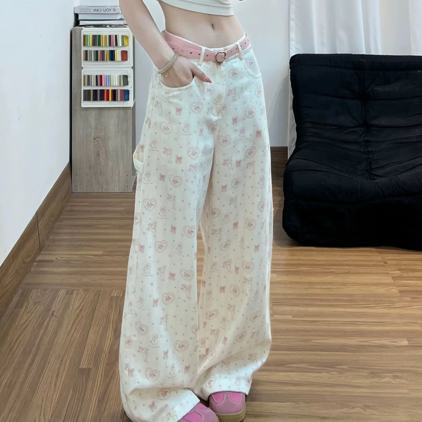 Y2K Bow Cartoon All Over Print Sweet Loose Wide Leg Floor Length Jeans Summer Thin High Street Versatile Casual for Women