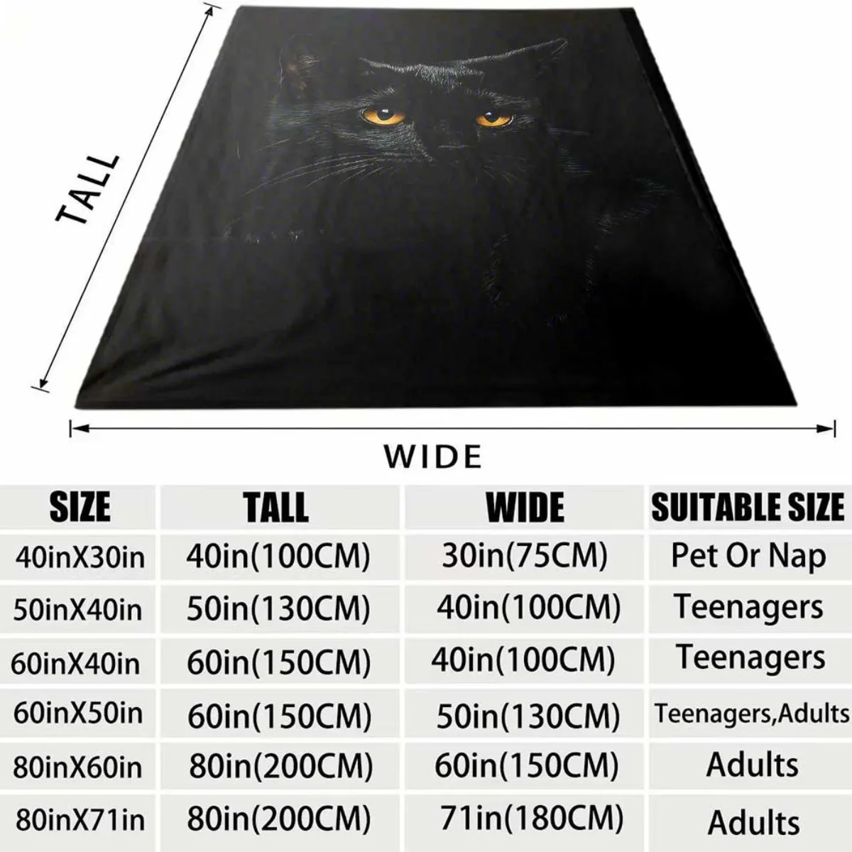 Realistic Black Cat Golden Eye Portrait Print Black Base Flannel Throw Blanket, Soft Warm Sofa Cover,Cat Lover Bedroom Rest Gift