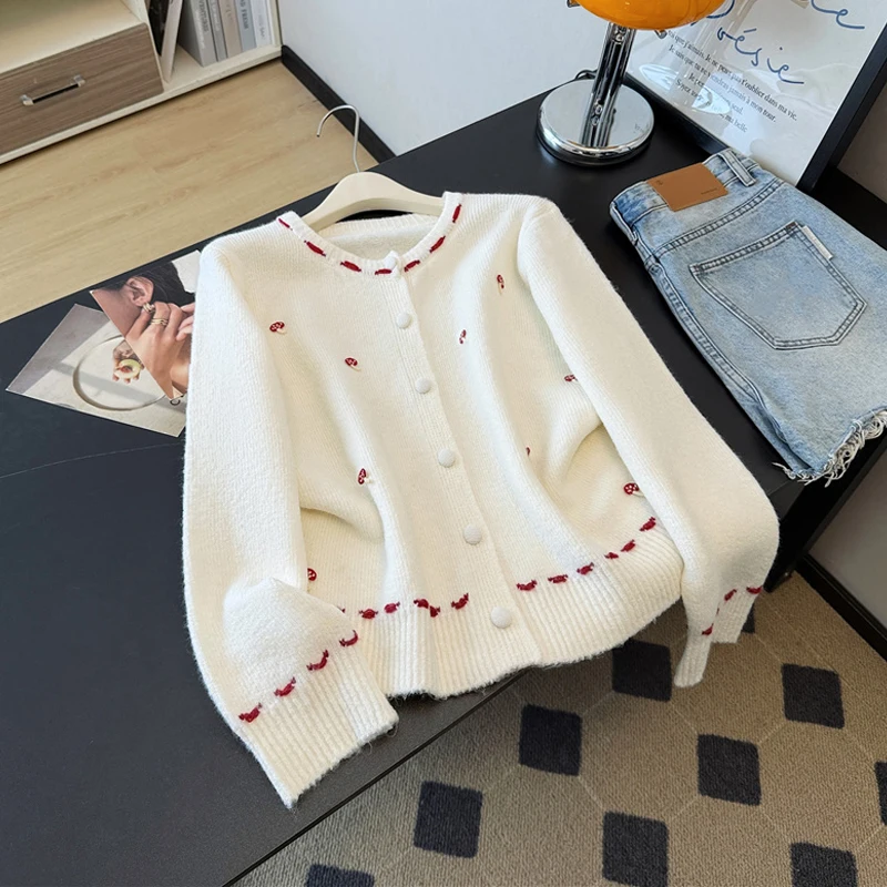 Cárdigan de punto coreano con decoración de setas para mujer, suéter suave de manga larga con cuello redondo a la moda, Tops sueltos y suaves para mujer