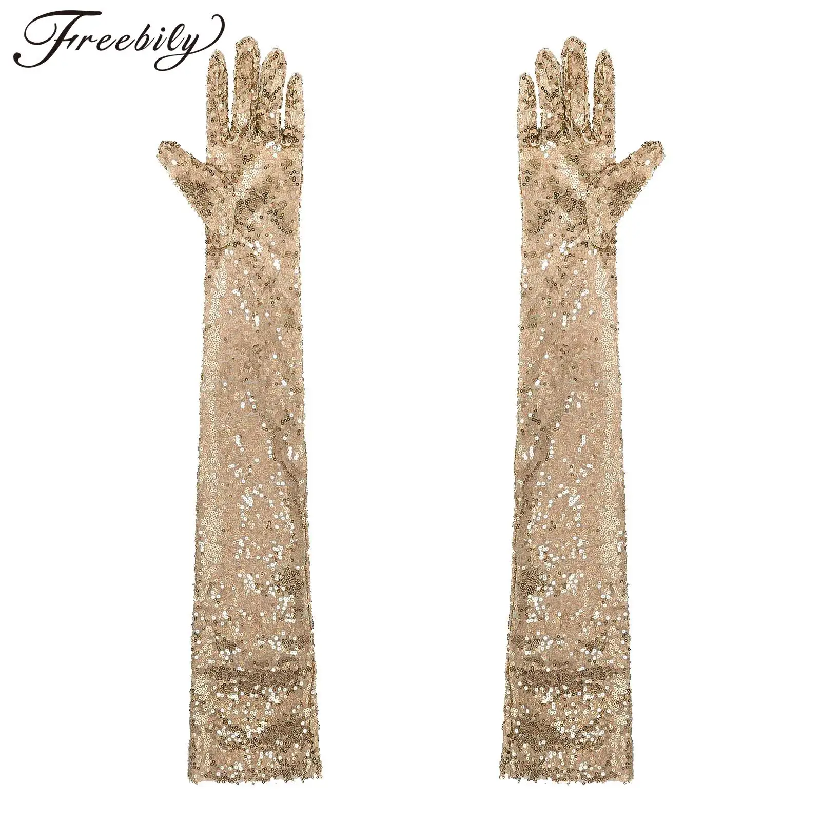 Women\'s 1920s Vintage Shiny Sequins Gloves Finger Elbow Length Long Gloves for Evening Party Performance Costumes Acceaaories