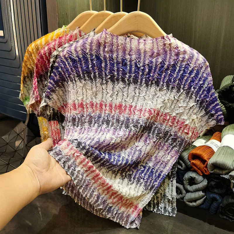 

Miyake Pleated Short-sleeved T-shirt Women Summer New Fold Bat-sleeve Loose Cover Meat Thin Leisure Suit Miyake Pleat Tops Women