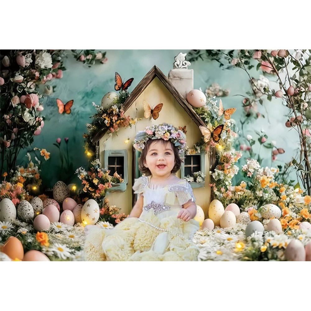 Spring Easter Photography Backdrop Flowers Little House Colorful Eggs Baby Kids Portrait Birthday Party Decor Photo Background