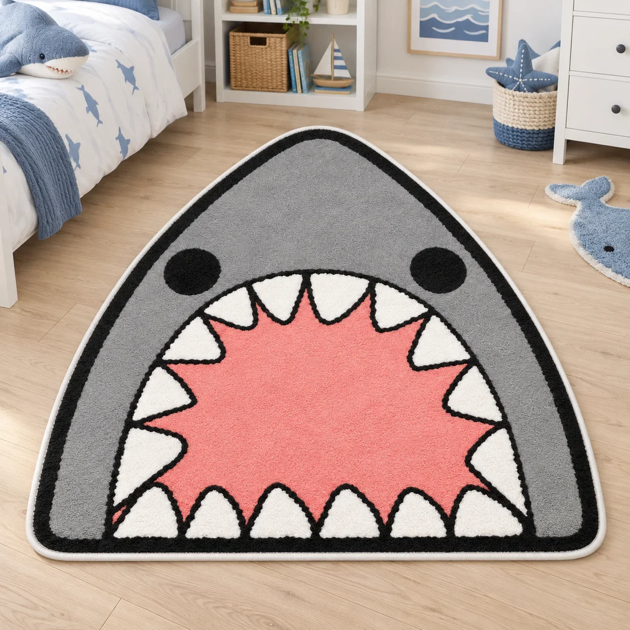 Gray Shark Big Mouth Shaped Area Rug, Funny Ocean Animal Floor Mat for Bathroom,Living Room, Game Room and Coastal Home Decor
