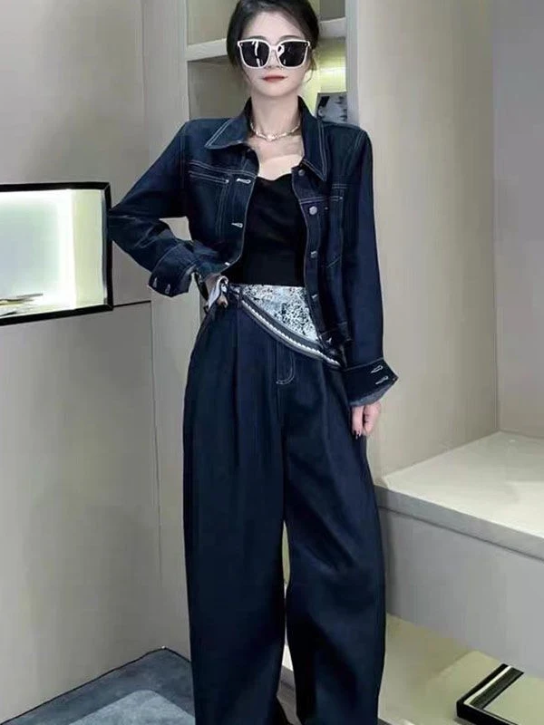 plus Size Short Denim Jacket And Wide Leg Pants Set Women's Autumn Winter Fashion Slimming Two Piece Suit High Waist Pants