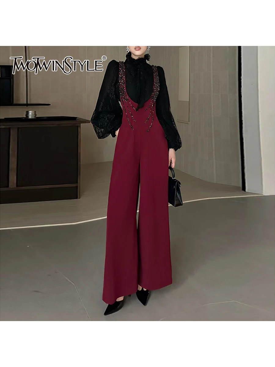 

TWOTWINSTYLE Temperament Two Piece Sets for Women Stand Neck Long Sleeves Spliced Lace Blouse Patchwork Bead Rompers Set Female