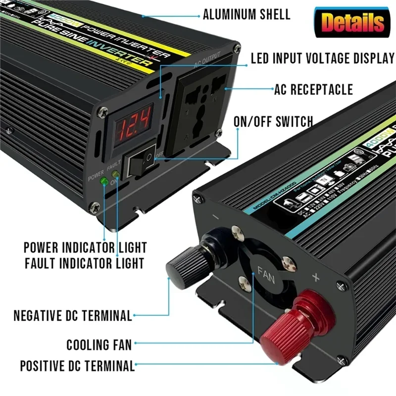 Imagem -02 - Transformador de Tensão Inteligente Portátil Inversor de Onda Senoidal Pura Inversor Solar dc 12v 24v a 110v 60hz 6000w 10000w