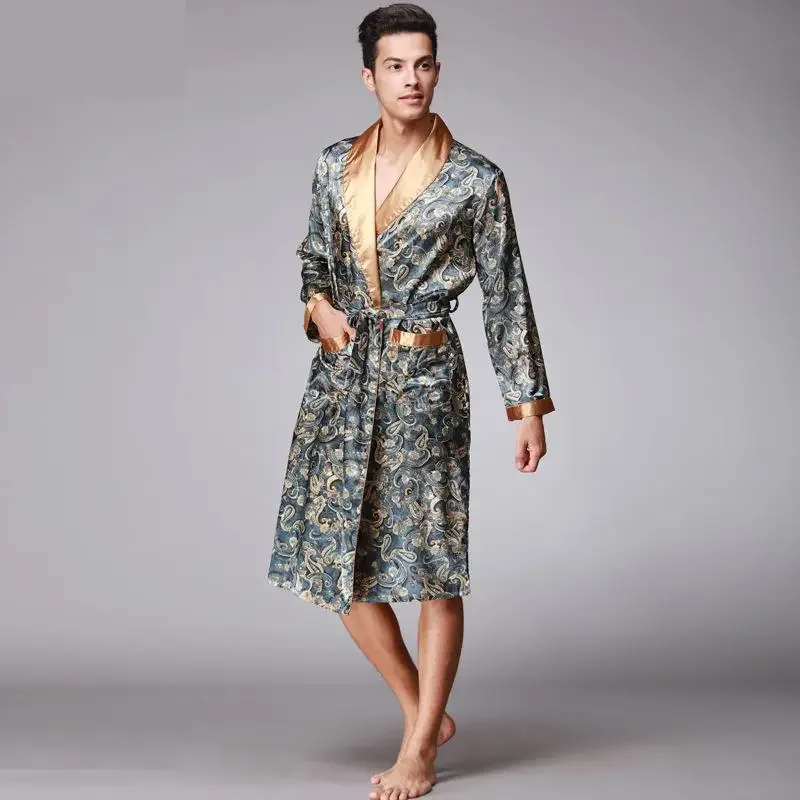 Men Kimono Robes V-neck Faux Silk Bathrobes Nightgown for Male Senior Satin Sleepwear Summer Paisley Pattern Pajamas Set