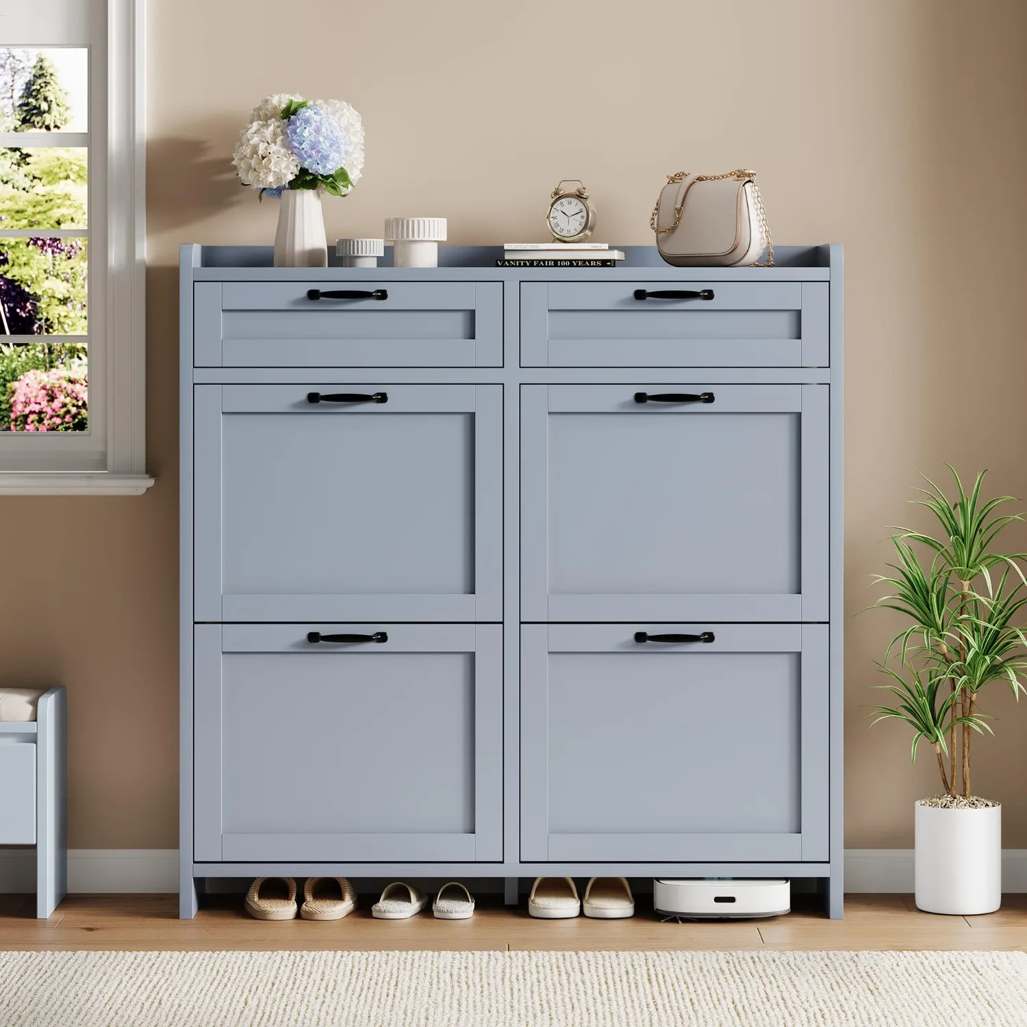 Shoe Cabinet with 4 Flip Drawers & 2 Top Drawers, High-Gloss Painted Wood Shoe Organizer with Adjustable Shelves