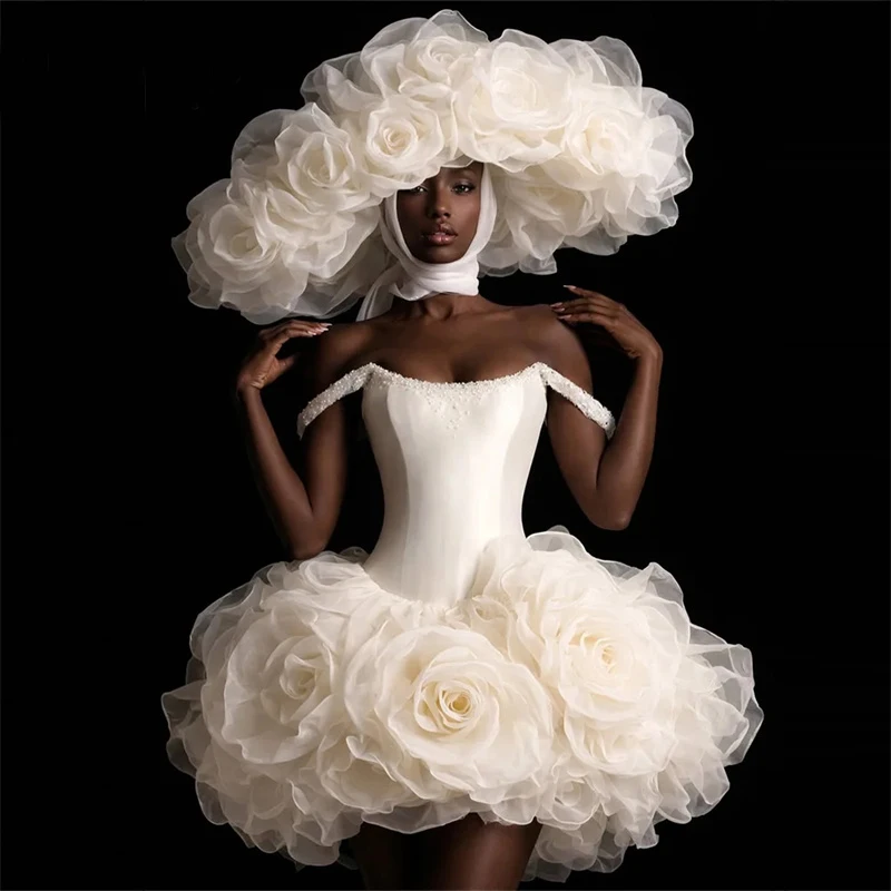OLOEY Fantistic Flowers Short Wedding Party Dresses 2026 Off The Shoulder Beads 3D Flowers Puffy Girls Party Dress Customized