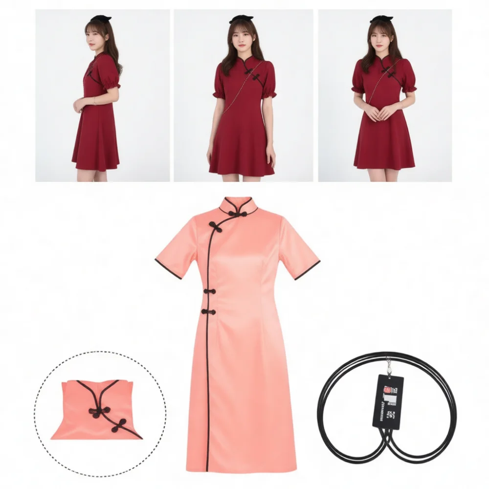 Modified Cheongsam Dress Women Vintage French Tea Break Style Red Puff Sleeve Slim Fit Midi Dresses Chinese Style Summer Wear