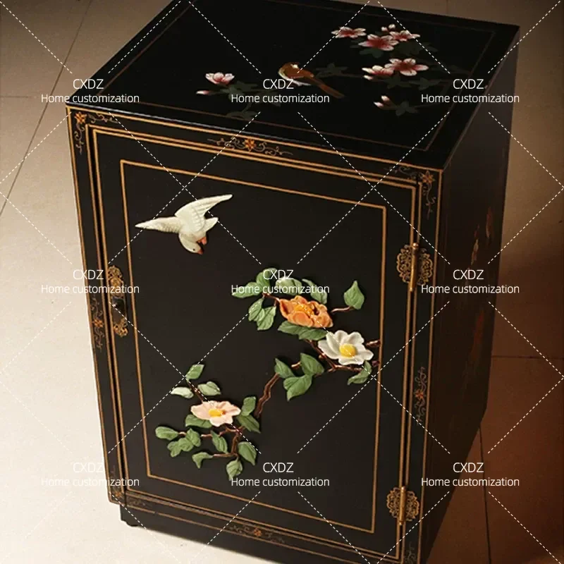 New Chinese Style Black Lacquer Cabinet with Bone and Stone Inlay Flower Bird Pattern Single Door Bedside Table Corner