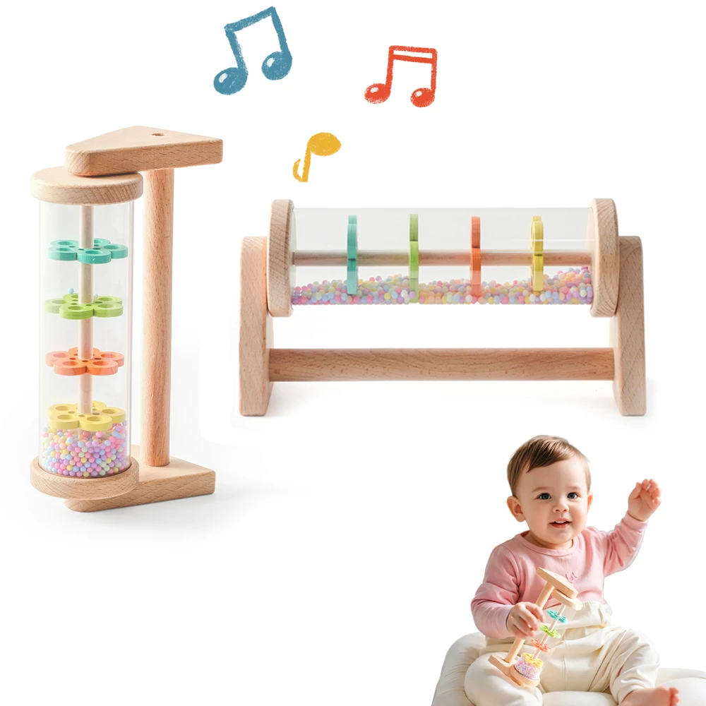 

Wooden Rainmaker Toy for Babies Soothing Rain Sound Easy to Grasp Smooth Burr Free Water Based Paint Two Ways to Play Baby Gifts