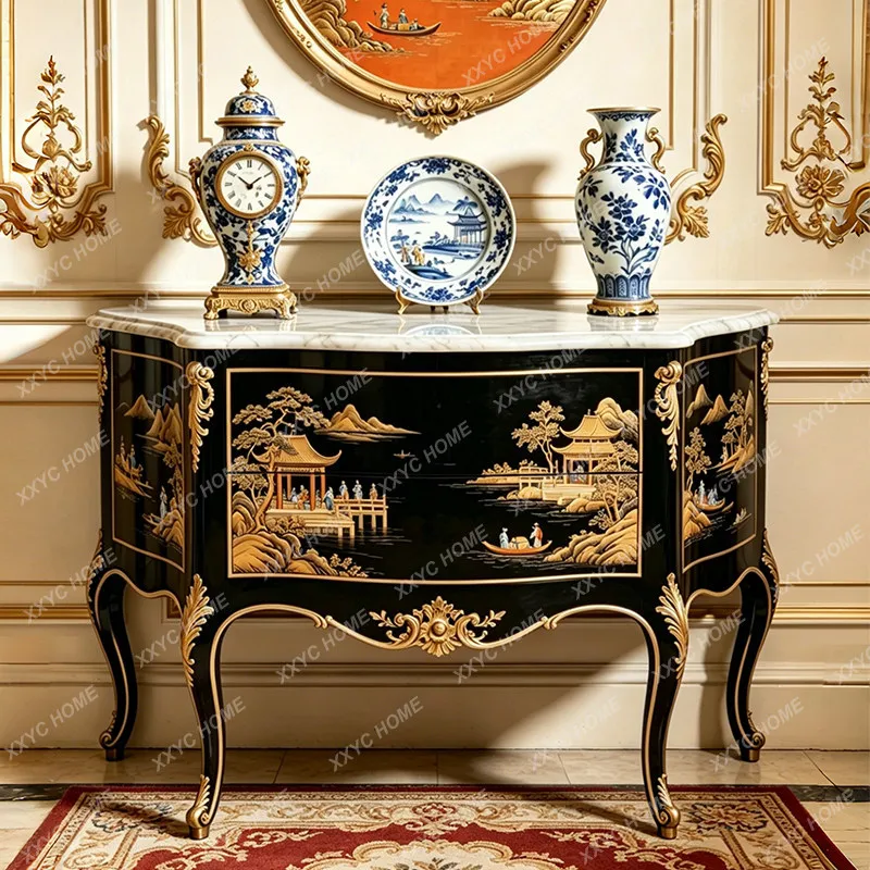 Chinese style porch cabinet entrance foyer solid wood painted storage cabinet retro style art carved storage side cabinet