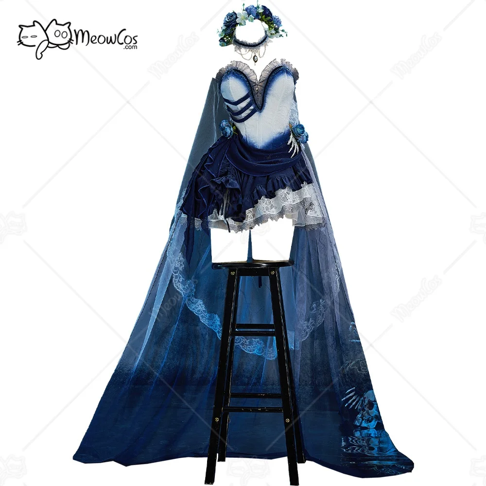 

Meowcos Women's Bride Halloween Gothic White Blue Zombie Bride Dress Dark Style Irregular Tube Dress with Tail Skirt and Veil