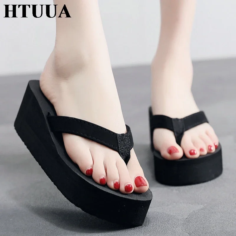 Fashion Black Wedge Slippers Women Sandals Casual Beach Flip Flops Summer Shoes Platform Slides High Heels SX2114