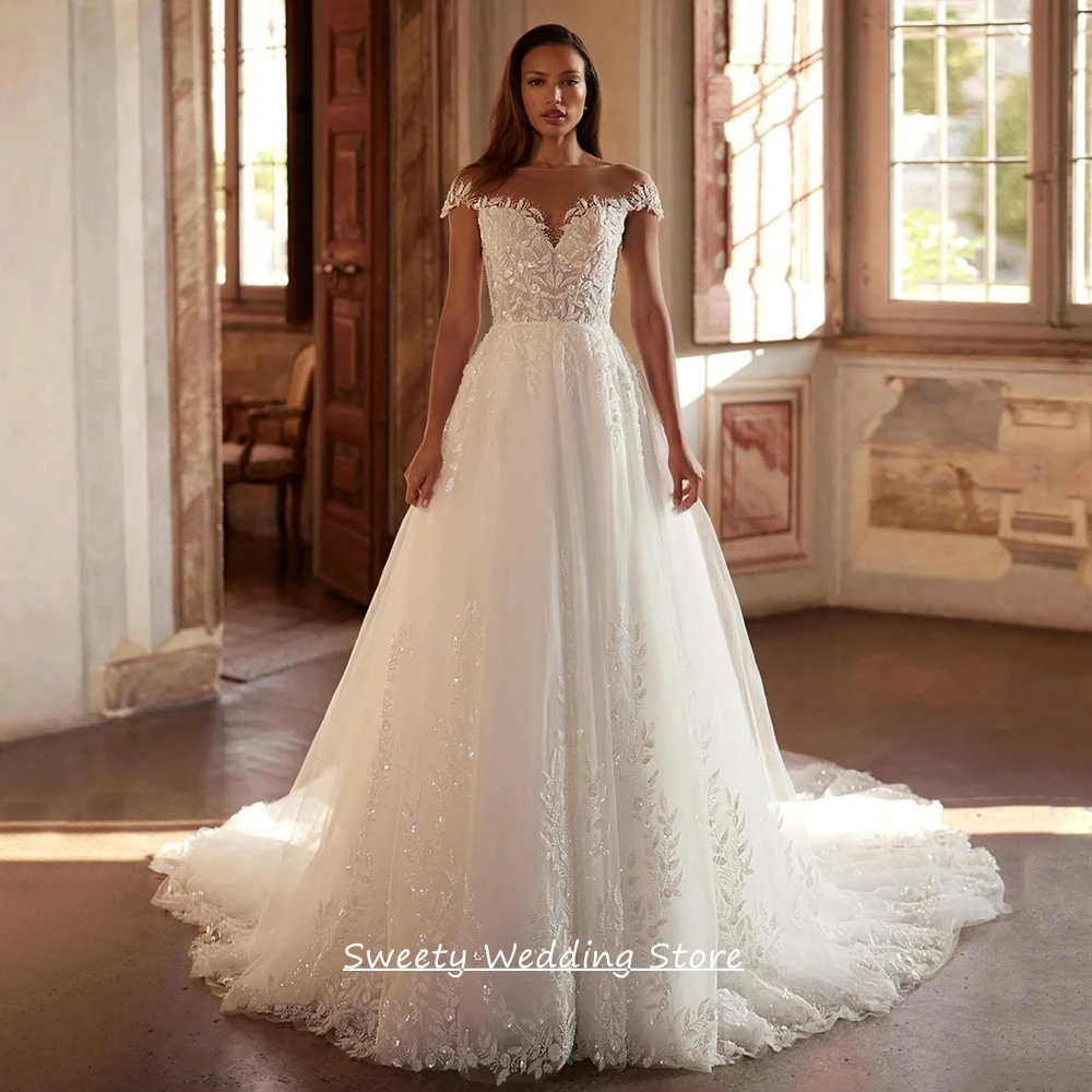 Wedding Dress Customzied Cap Sleeve Scoop Neck Sparkling Beading Applique A Line Sweep Train Bridal Gown Bride Dresses