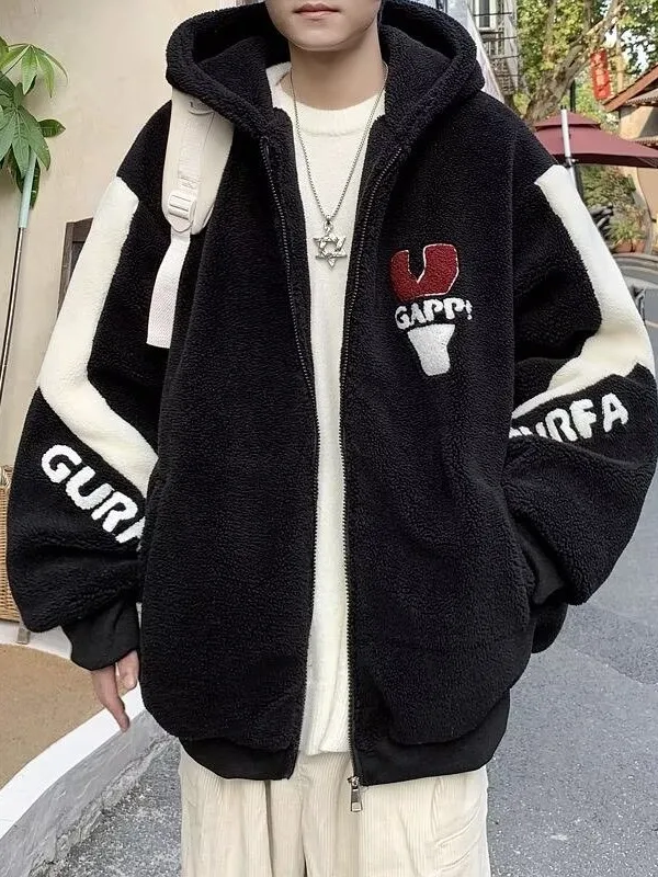 

Lamb Velvet Hooded Jaet Men's Winter New Sle College Sle Junior High School Students Youthful Polyester Fiber Warm Thic...