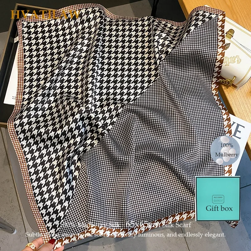 Luxury 100% Real Silk Scarf Women Houndstooth Print Designer Shawl Travel Wrap Vacation Elegant Scarves Femme Lightweight Hijab